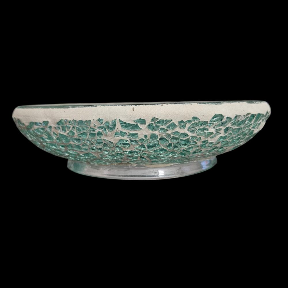 Vintage Green Crackle Mosaic Art Glass Oval Console Bowl Centerpiece
